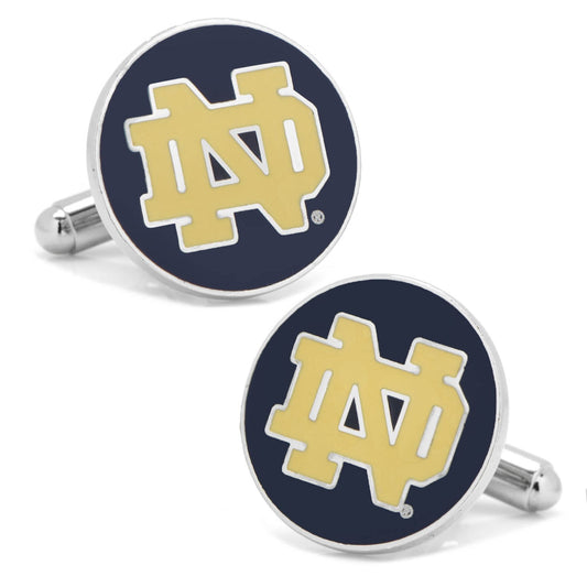 Pair of Notre Dame cufflinks with navy blue and gold design on a white background
