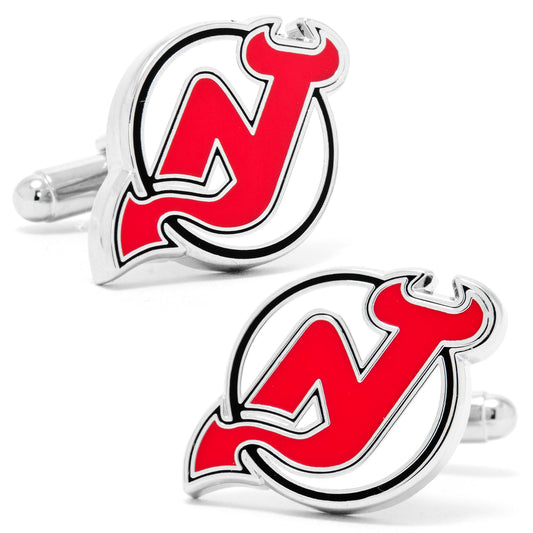 Pair of cufflinks with a red and silver logo on a white background
