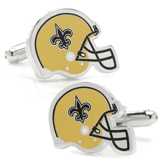 Two yellow and silver helmet-shaped cufflinks with a black logo on a white background