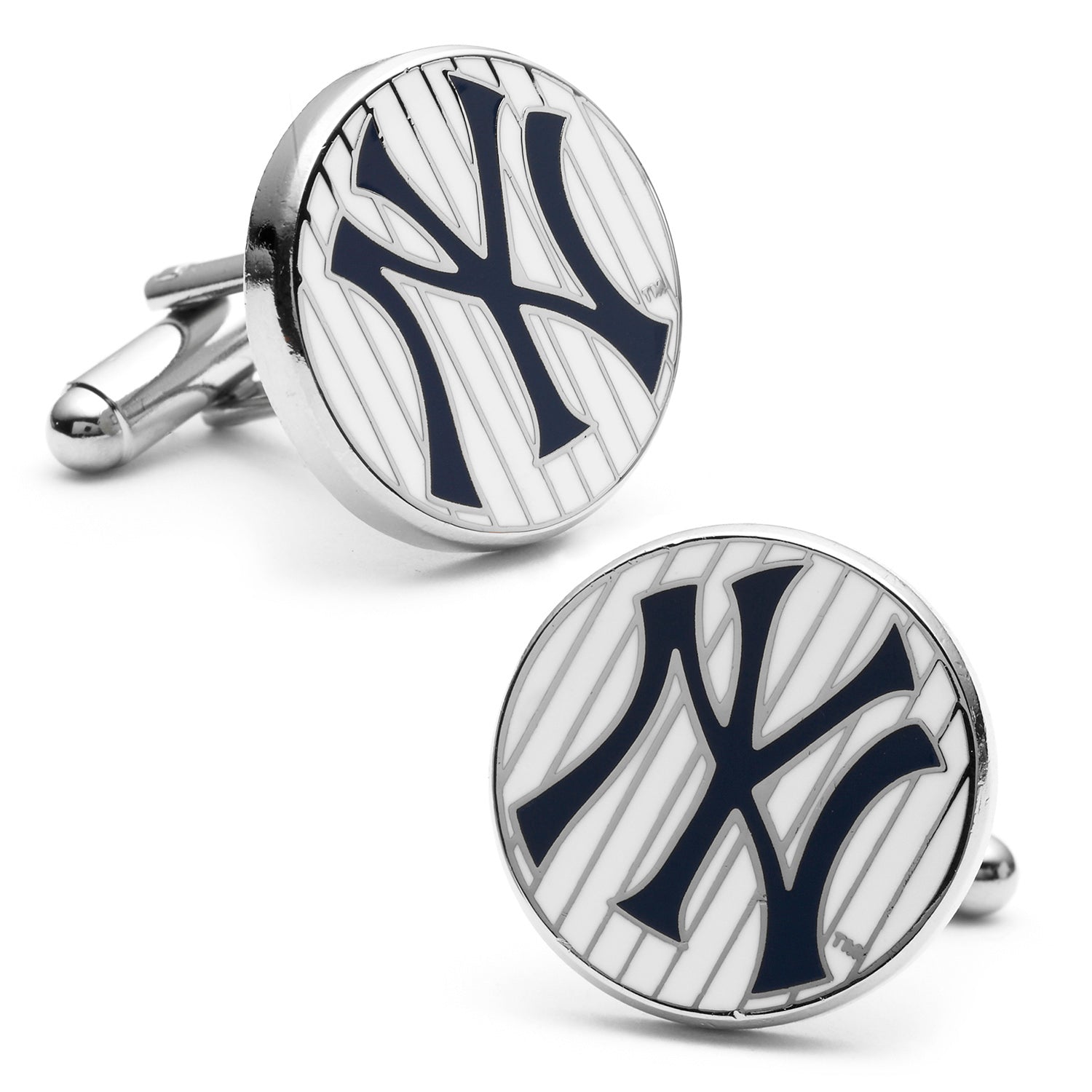 New York Yankees cufflinks with blue and white design on a white background