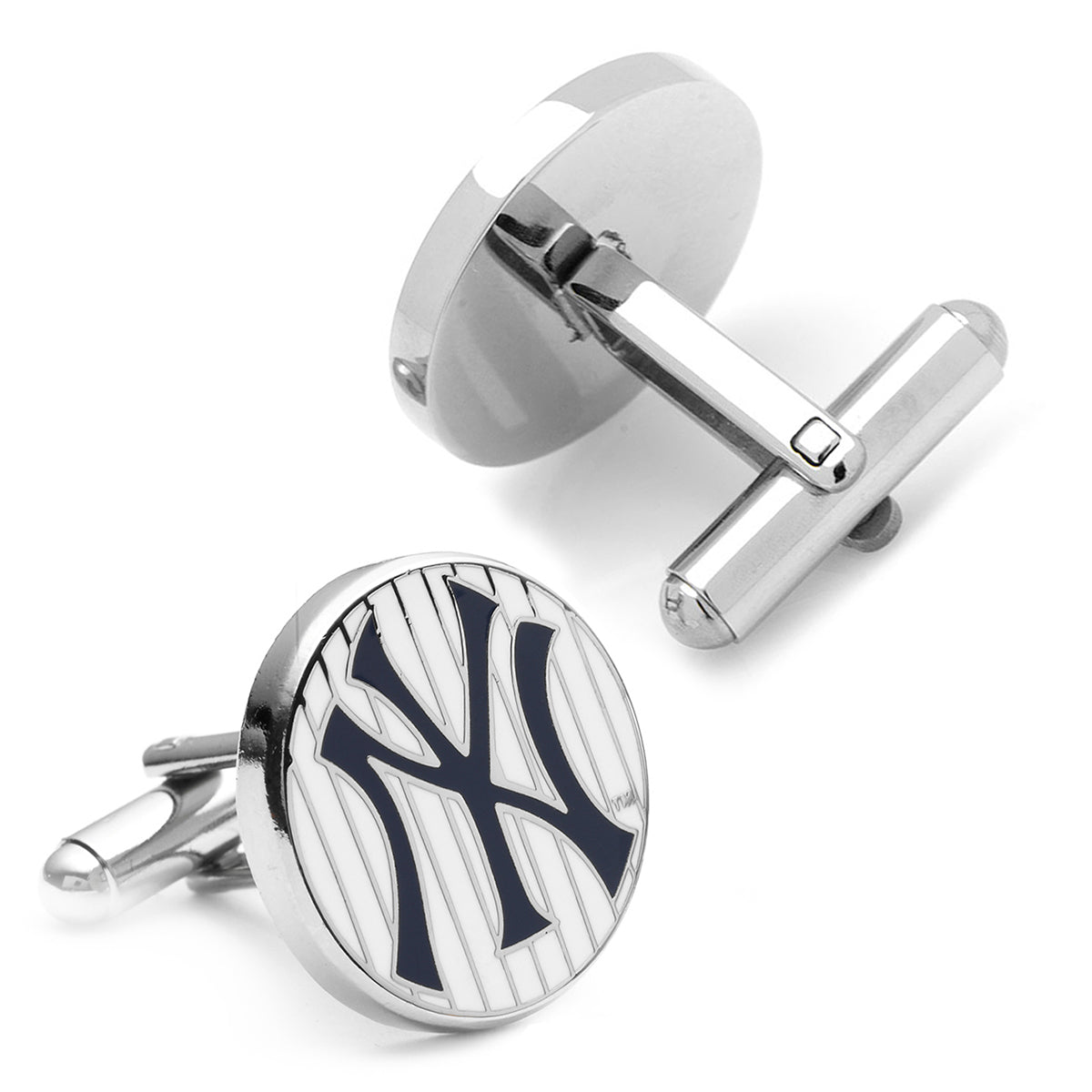 Silver cufflinks with a logo on a white background