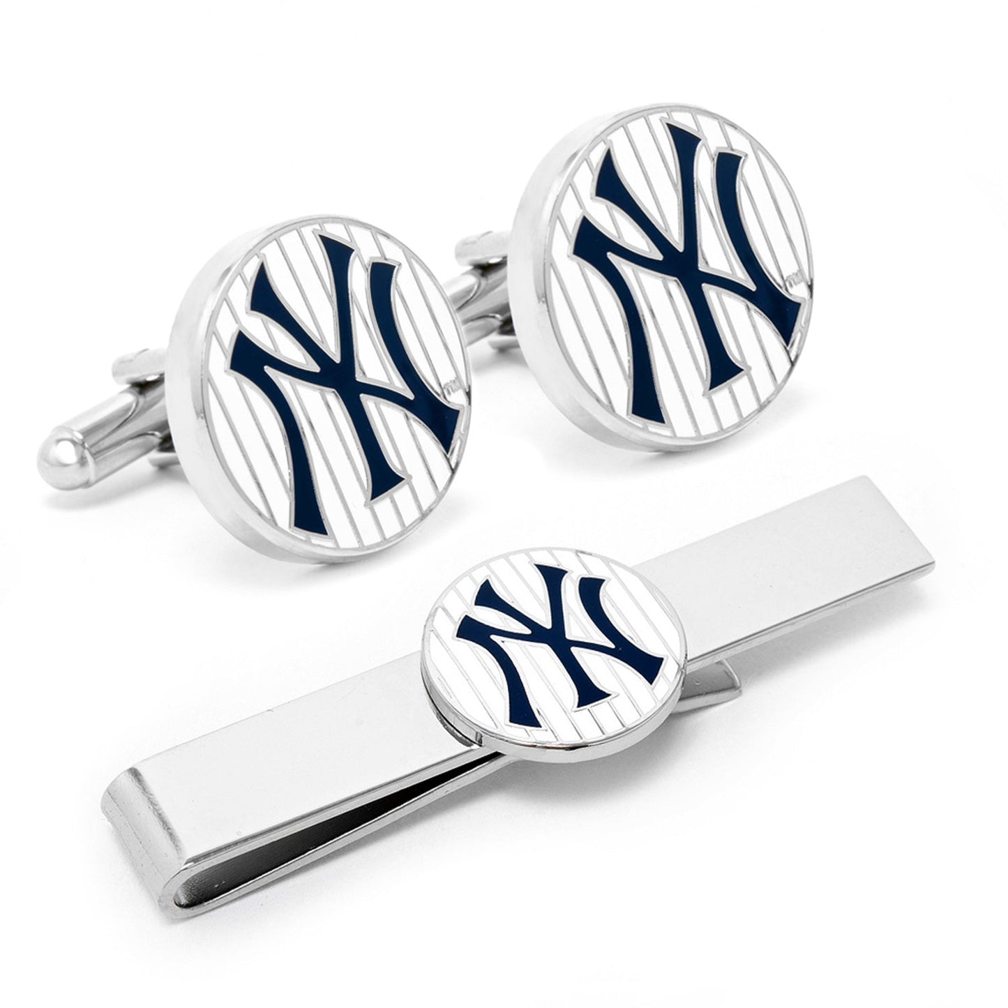 Cufflinks and tie clip set with New York Yankees logo on a white background