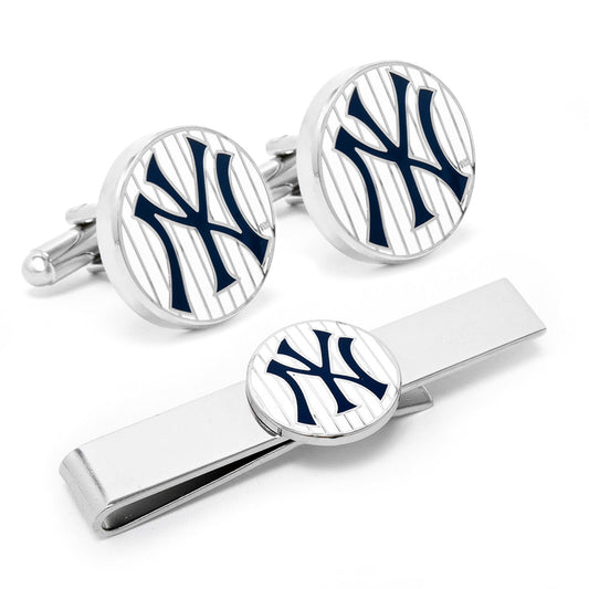 Cufflinks and tie clip set with New York Yankees logo on a white background