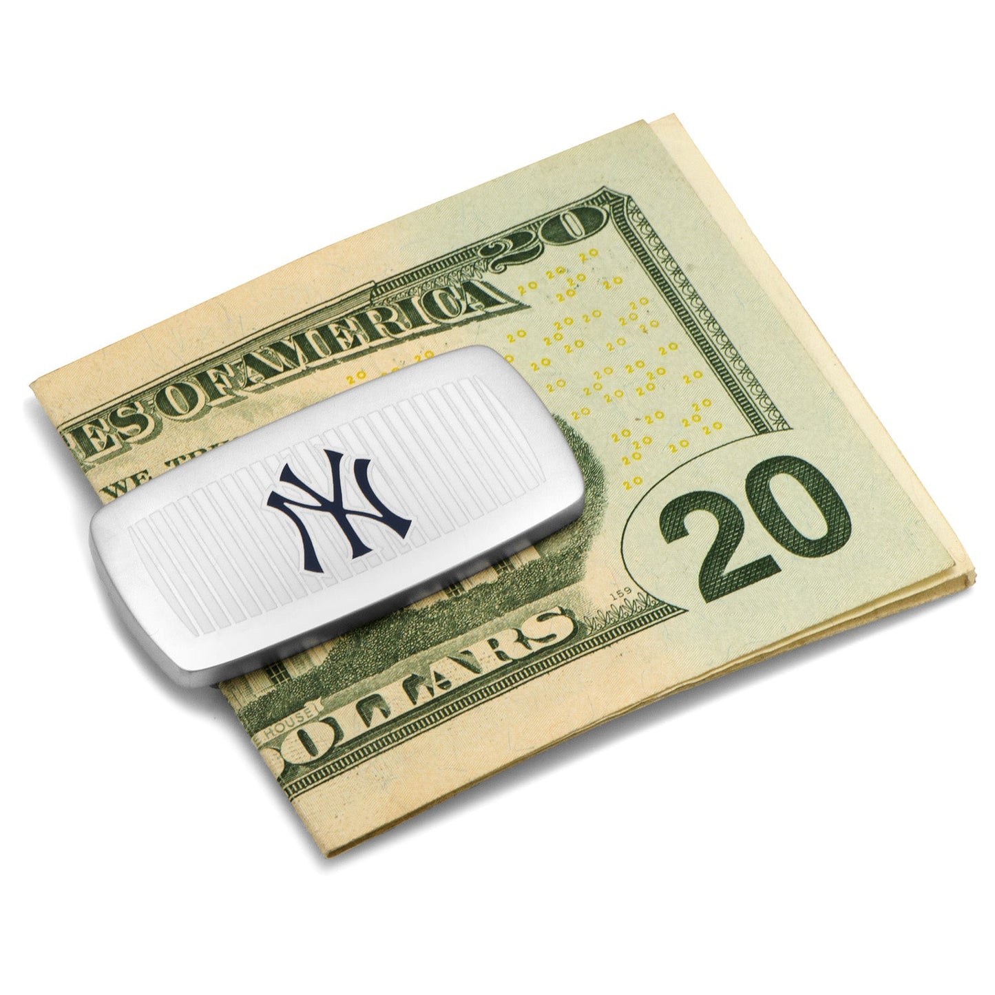 MLB New York Yankees Pinstripe Cushion Money Clip Silver money clip with a logo on top of a $20 bill
