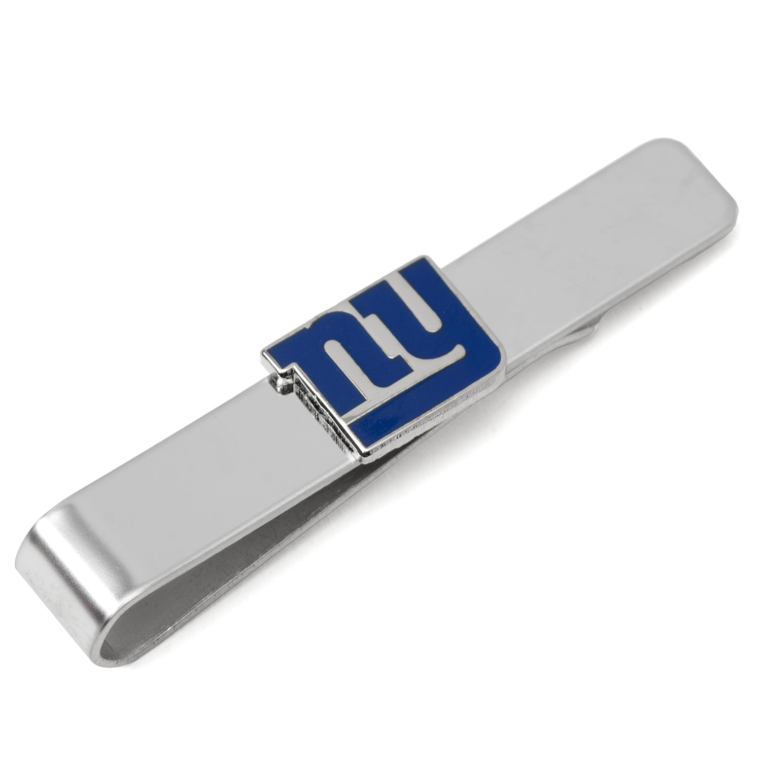 Silver tie clip with blue and white logo on a white background
