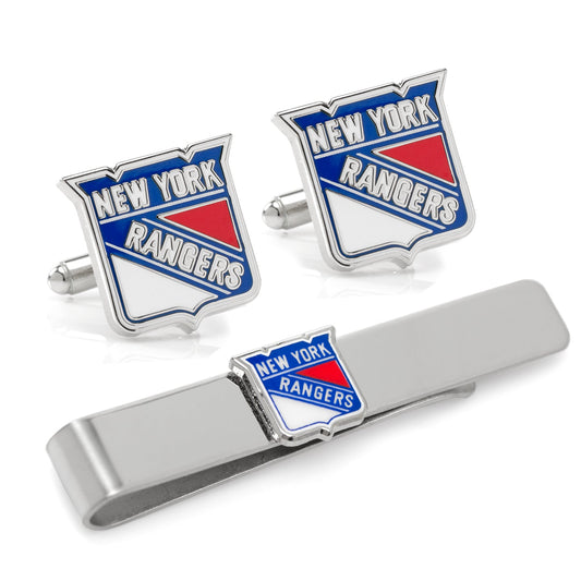 New York Rangers cufflinks and tie clip set on a white background