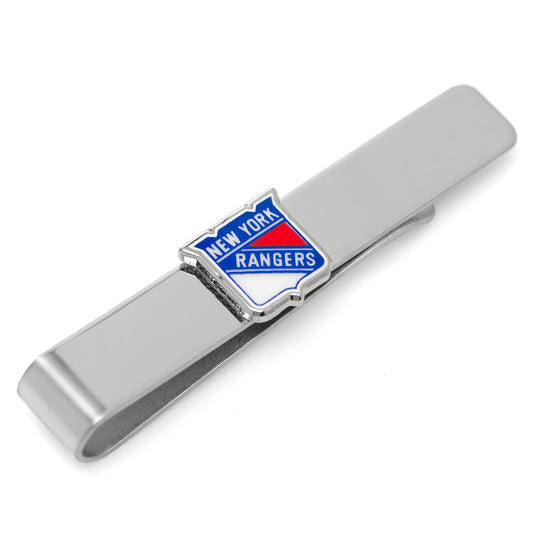 Silver tie clip with New York Rangers logo on a white background