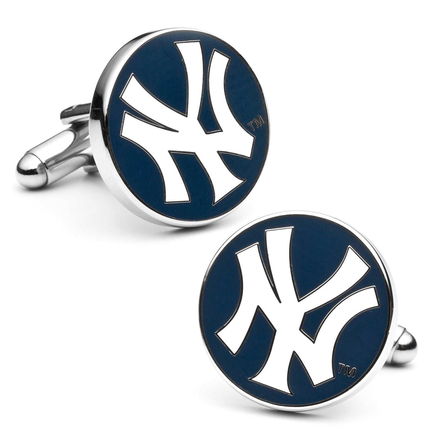 Pair of cufflinks with a prominent logo on a white background