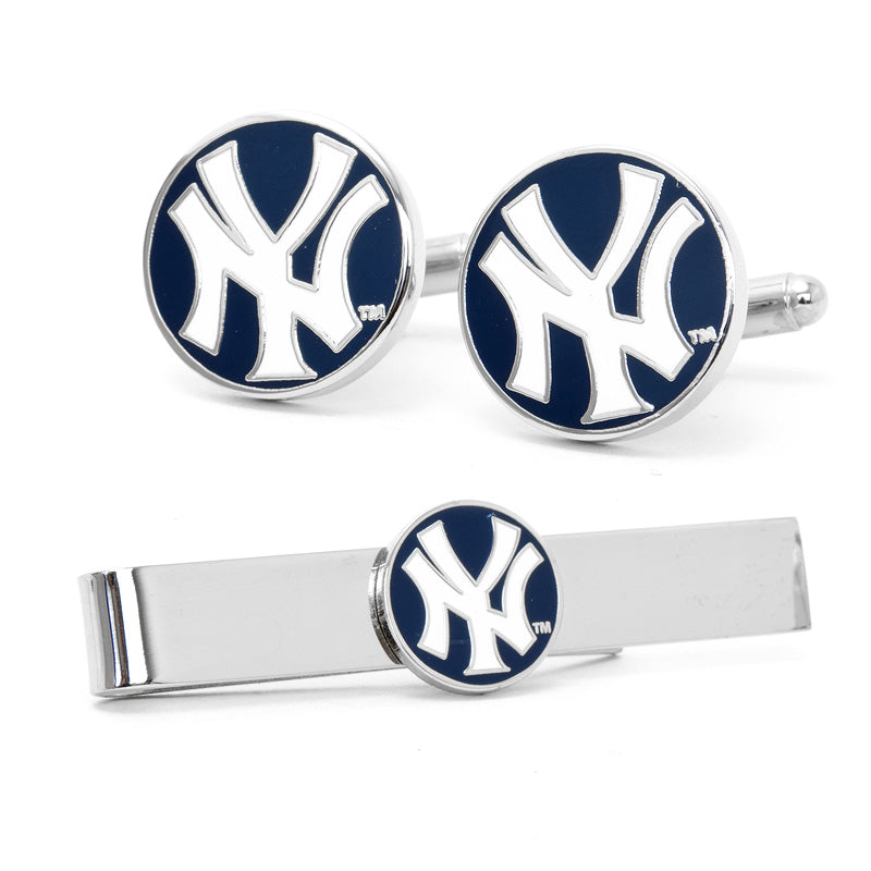 Cufflinks and tie clip set with New York Yankees logo on a white background