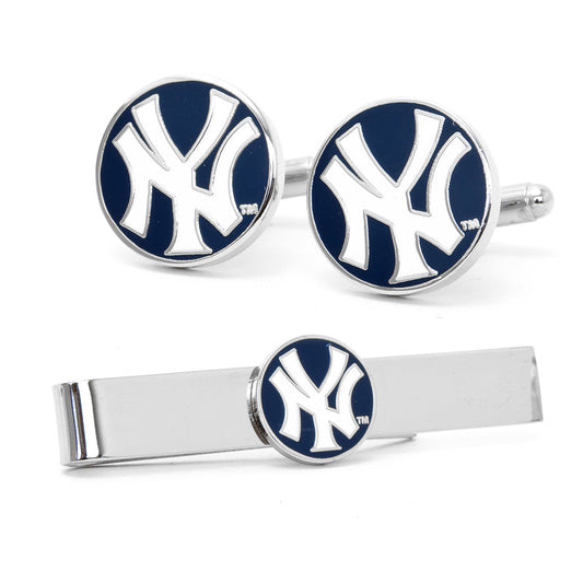 Cufflinks and tie clip set with New York Yankees logo on a white background