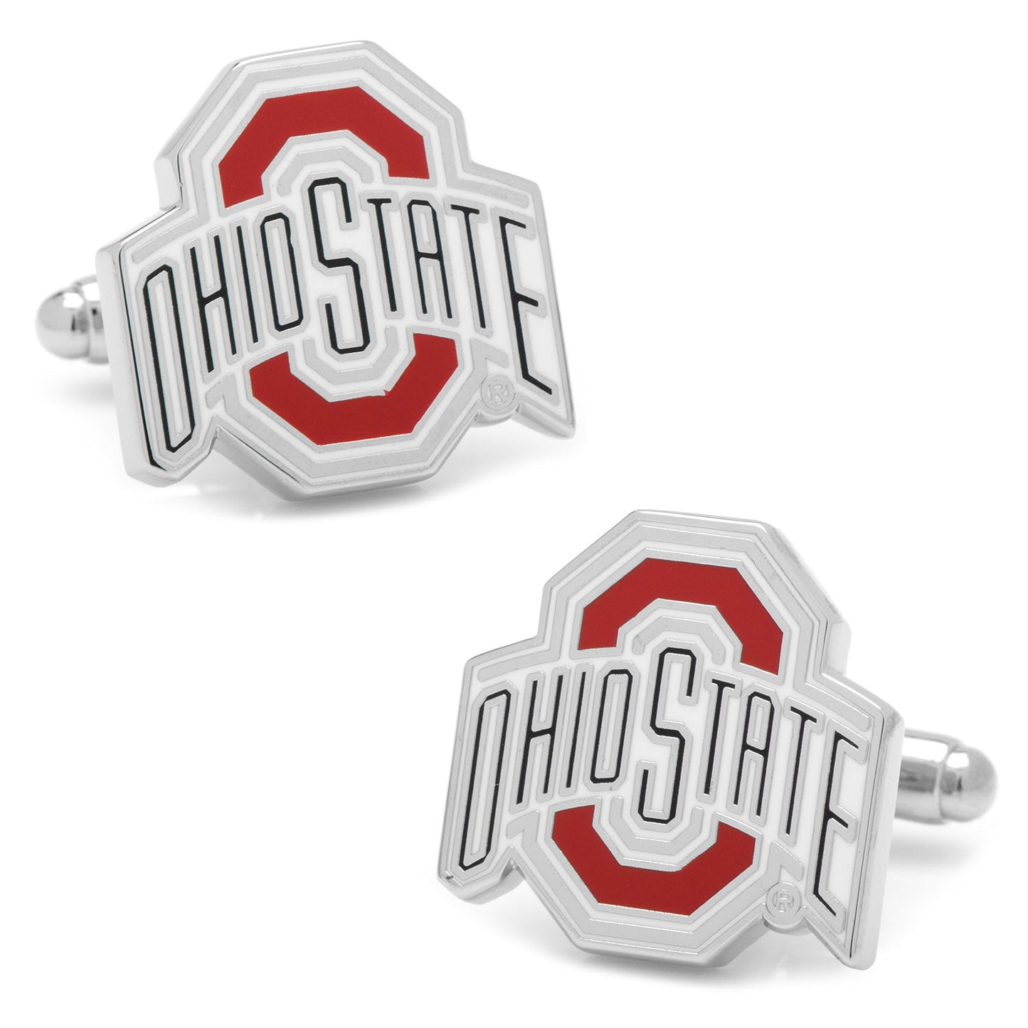 Pair of Ohio State cufflinks on a white background