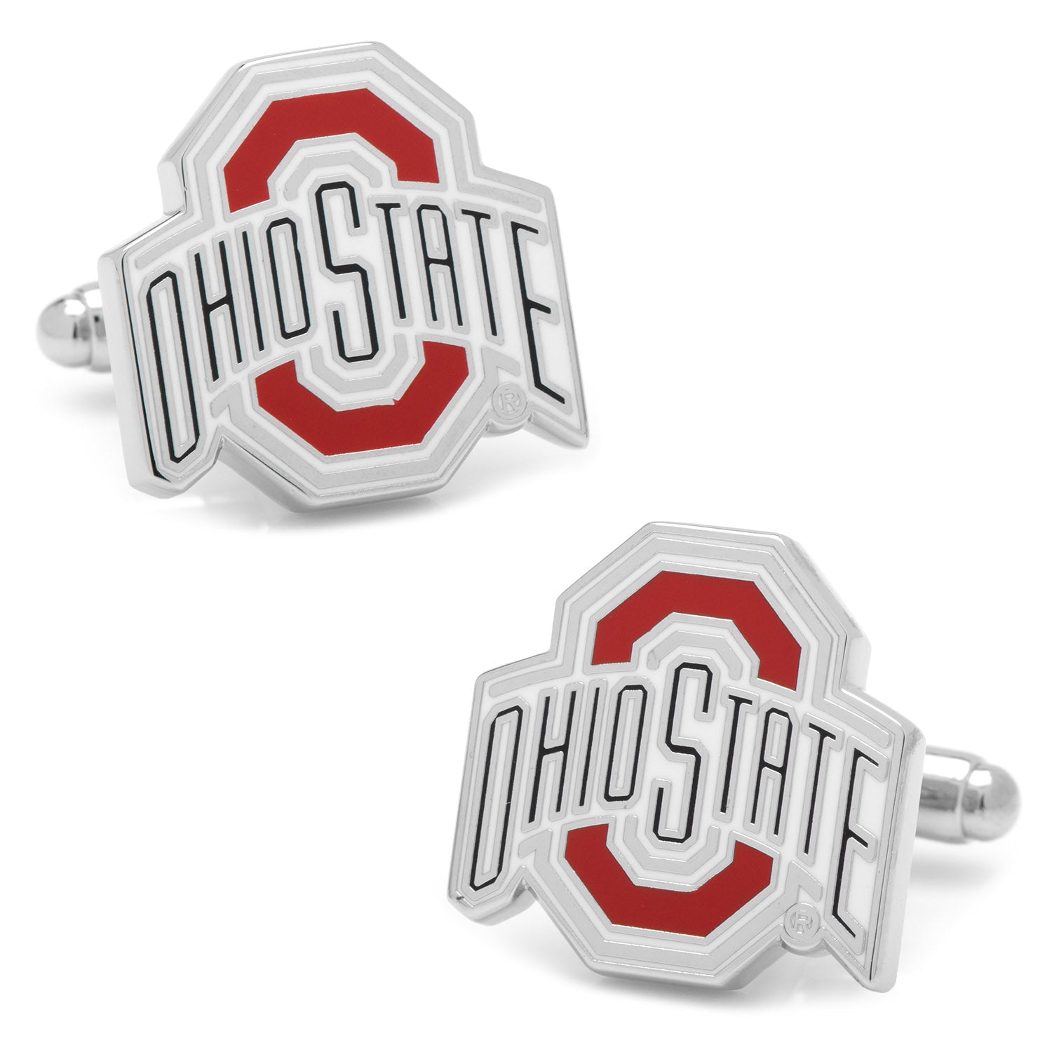 Pair of Ohio State cufflinks on a white background