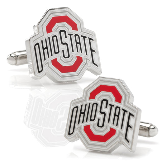 Ohio State cufflinks with red and black design on a white background