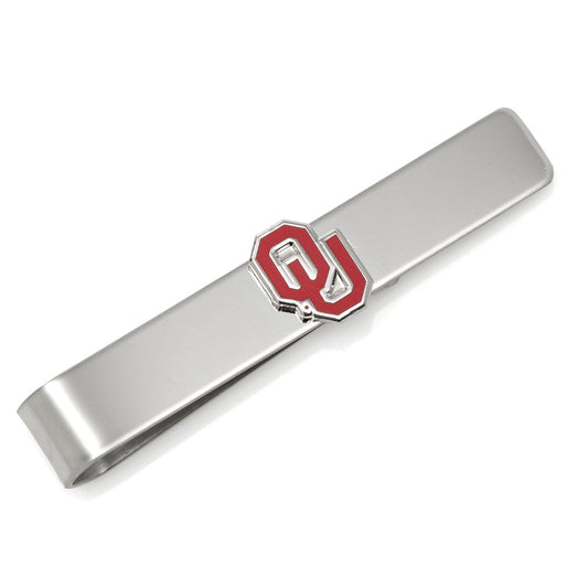 Silver tie clip with red 'OU' logo on a white background