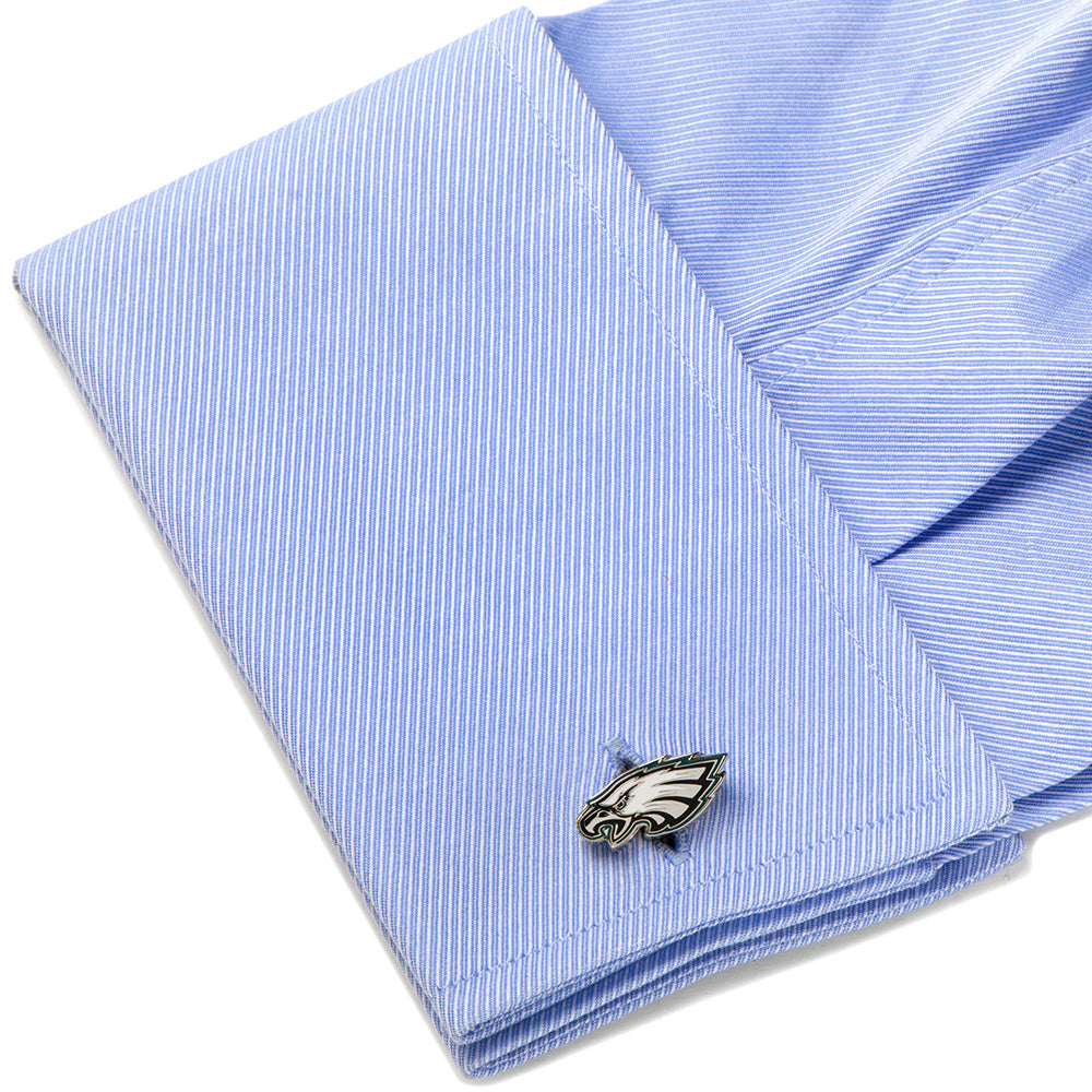 Blue striped shirt with a logo on a white background