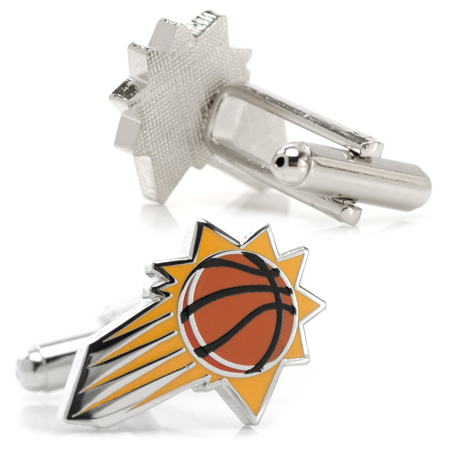 Cufflinks with basketball and star design on a white background