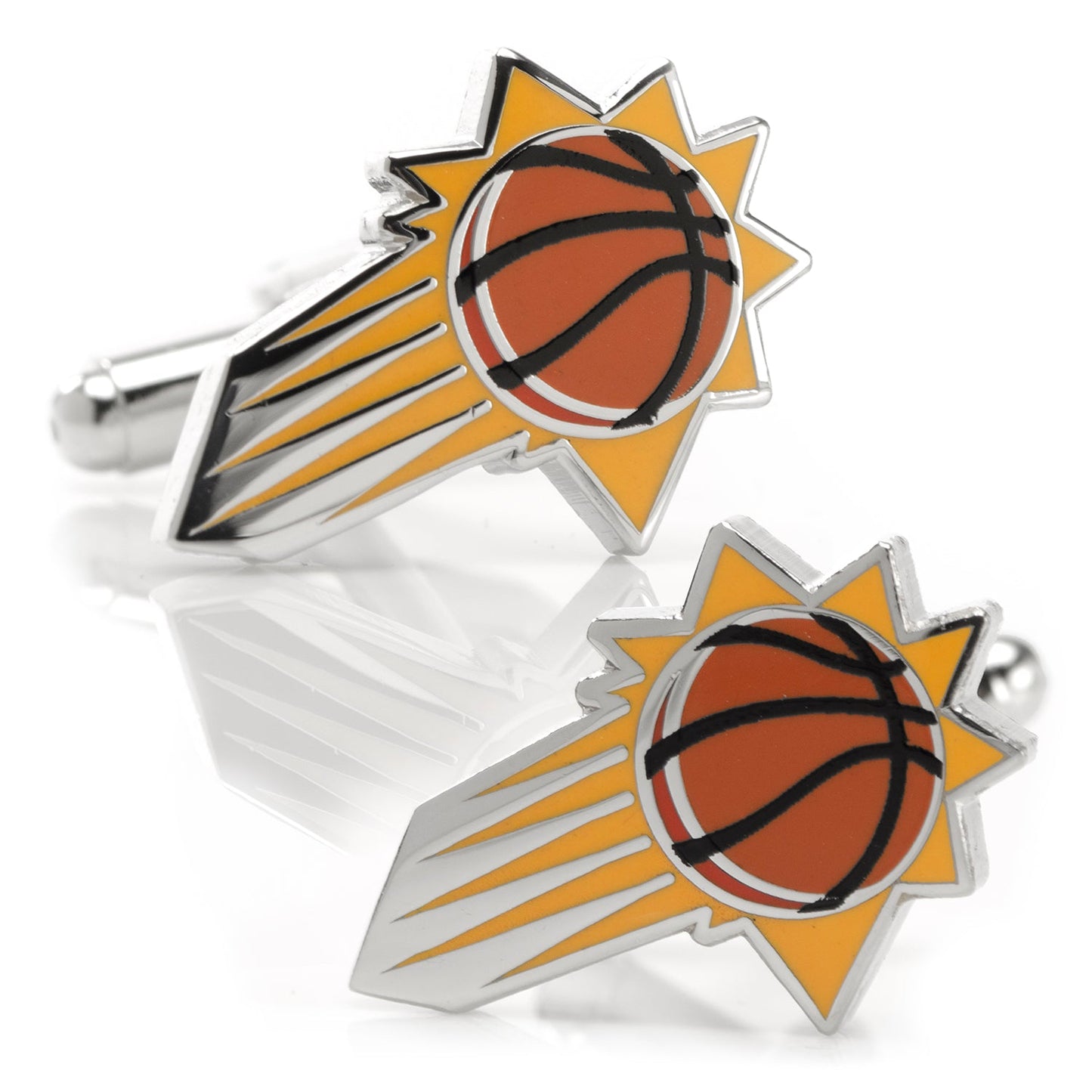 Basketball-themed cufflinks with a starburst design on a white background