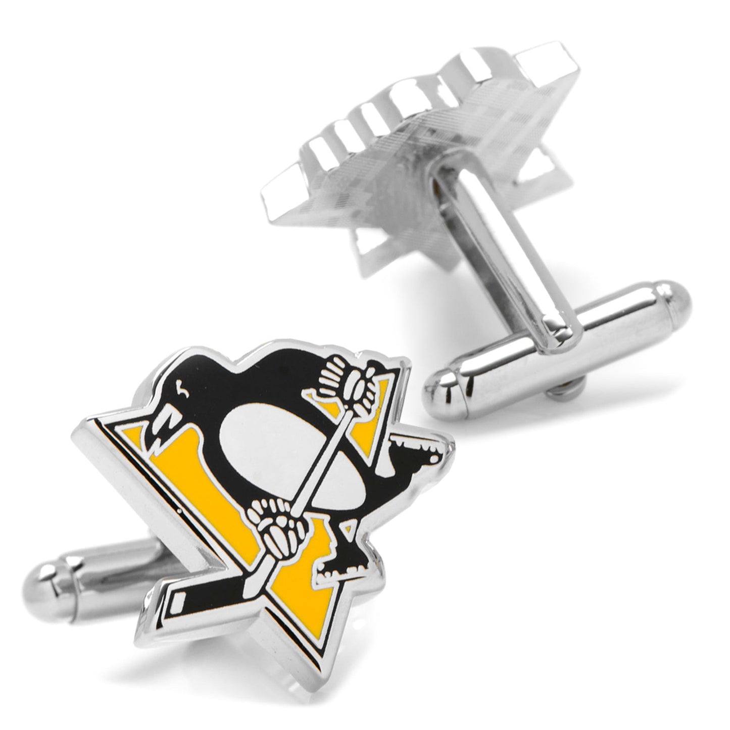 Cufflinks with a penguin logo on a white background