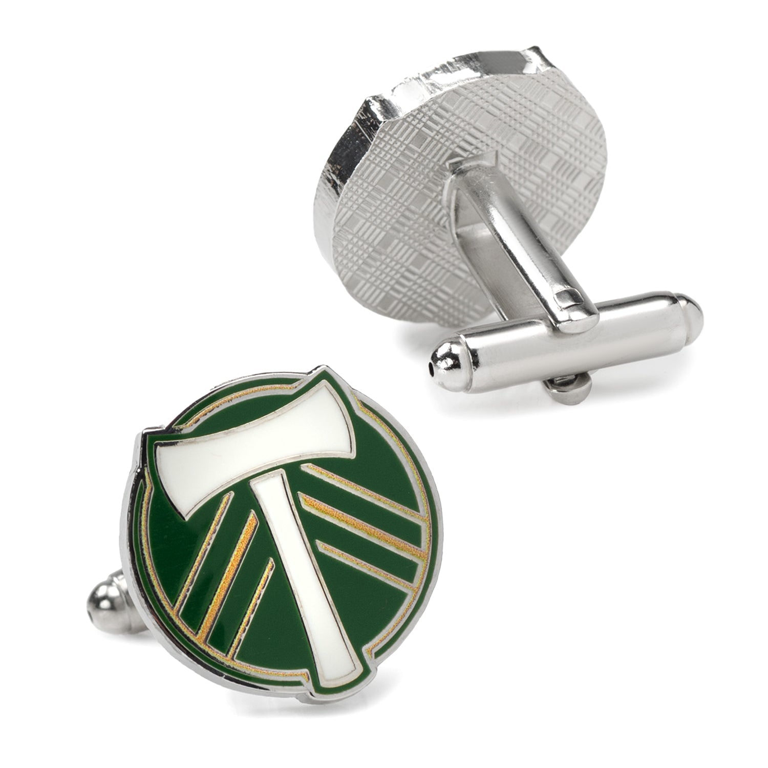 Silver cufflinks with green and white design on a white background
