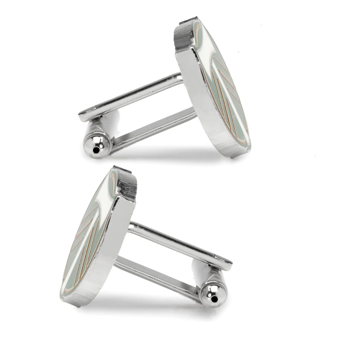 Pair of silver cufflinks on a white background