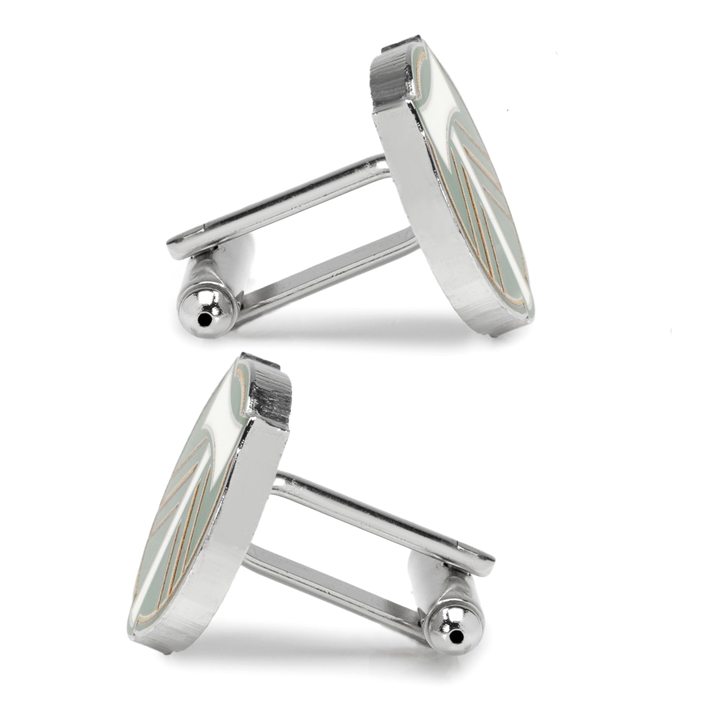 Pair of silver cufflinks on a white background