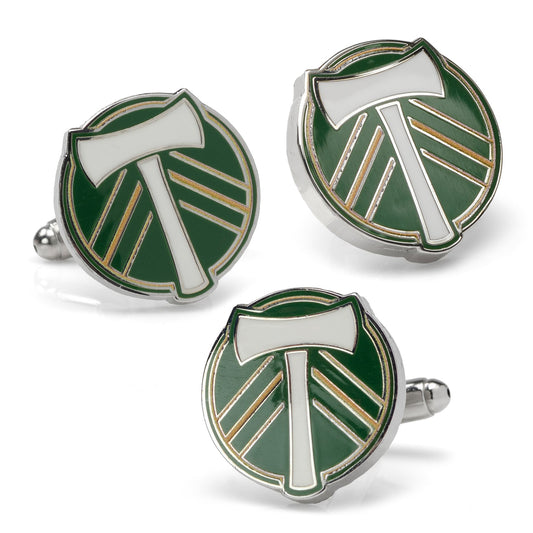 Three green and silver cufflinks with a design on a white background