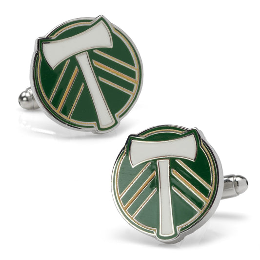 Green and silver cufflinks with axe design on a white background