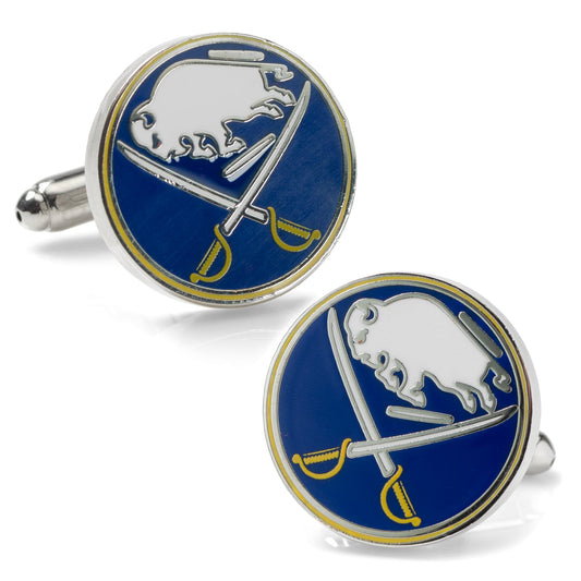 Pair of cufflinks with a blue background and silver buffalo design on a white background