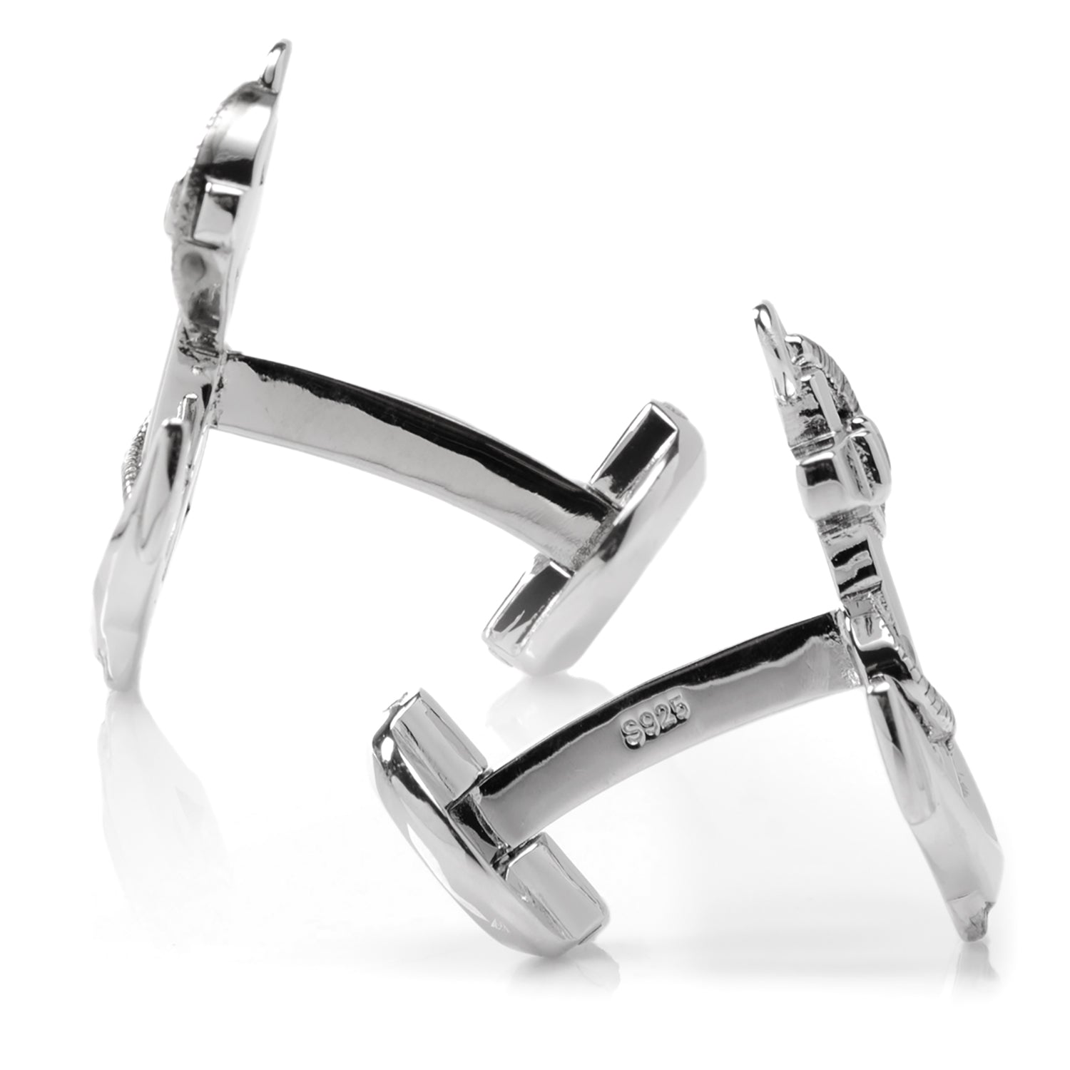 Silver equestrian bit cufflinks on a white background