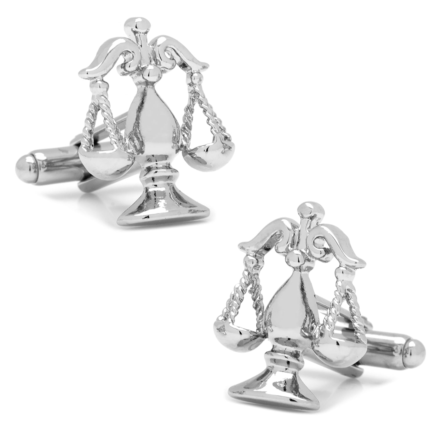 Silver Libra zodiac sign cufflinks on a white background