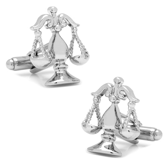 Silver Libra zodiac sign cufflinks on a white background