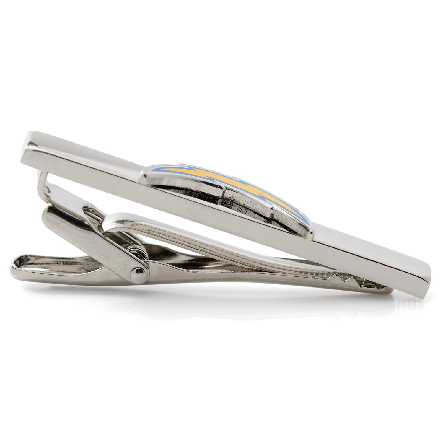 Silver tie clip on a white background