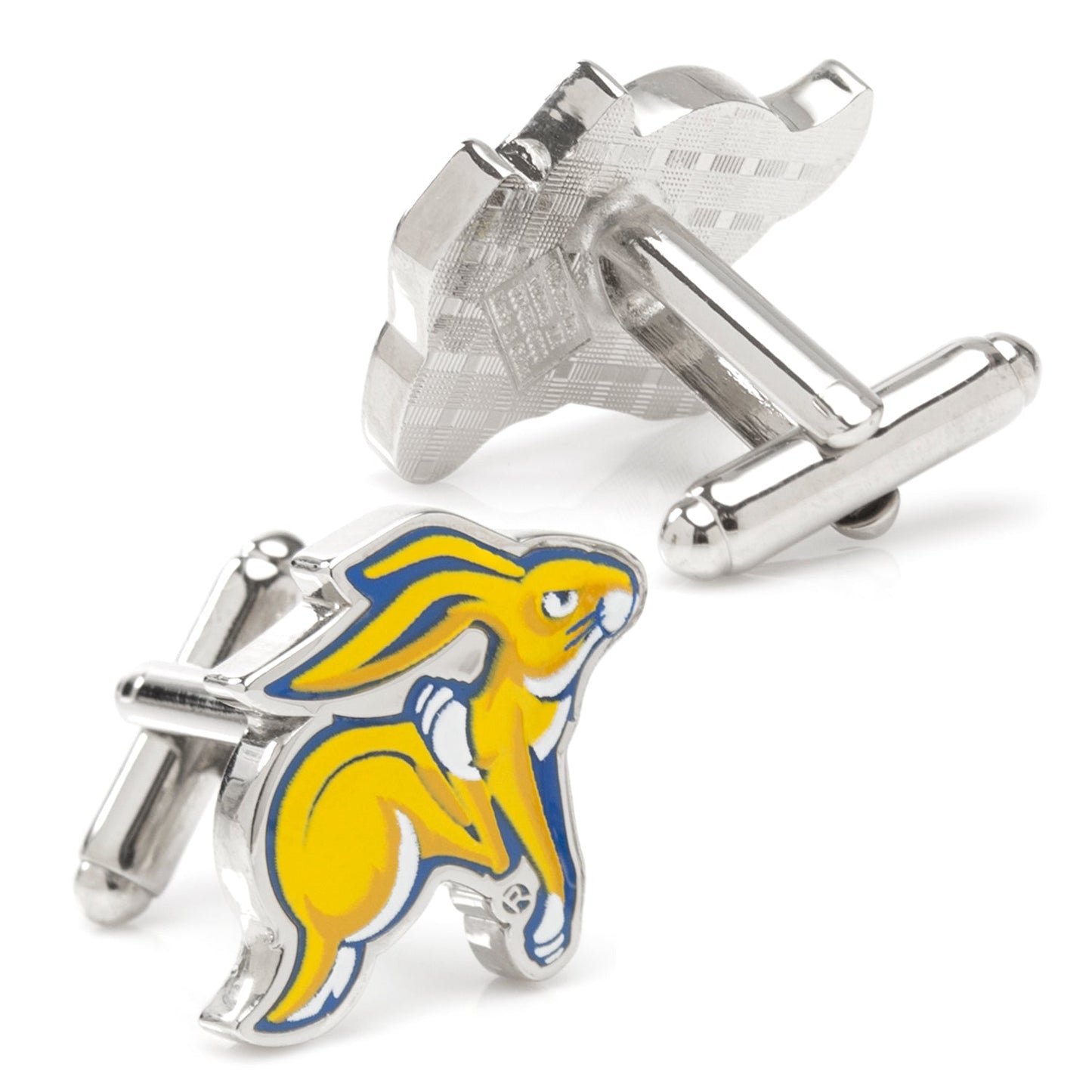 Cufflinks with a yellow and blue animal design on a white background