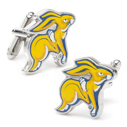 Cufflinks with a yellow and blue animal design on a white background NCAA South Dakota State University Cufflinks