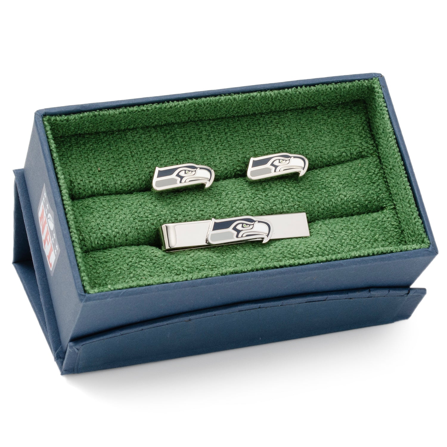 Set of Seattle Seahawks cufflinks and tie clip in a green and blue box