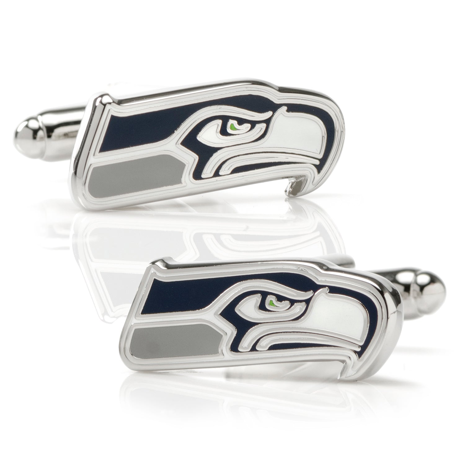 Pair of Seattle Seahawks logo cufflinks on a white background