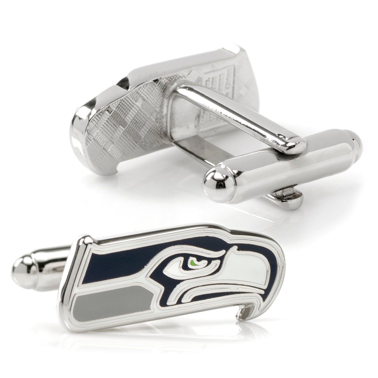 Silver cufflinks with a logo on a white background