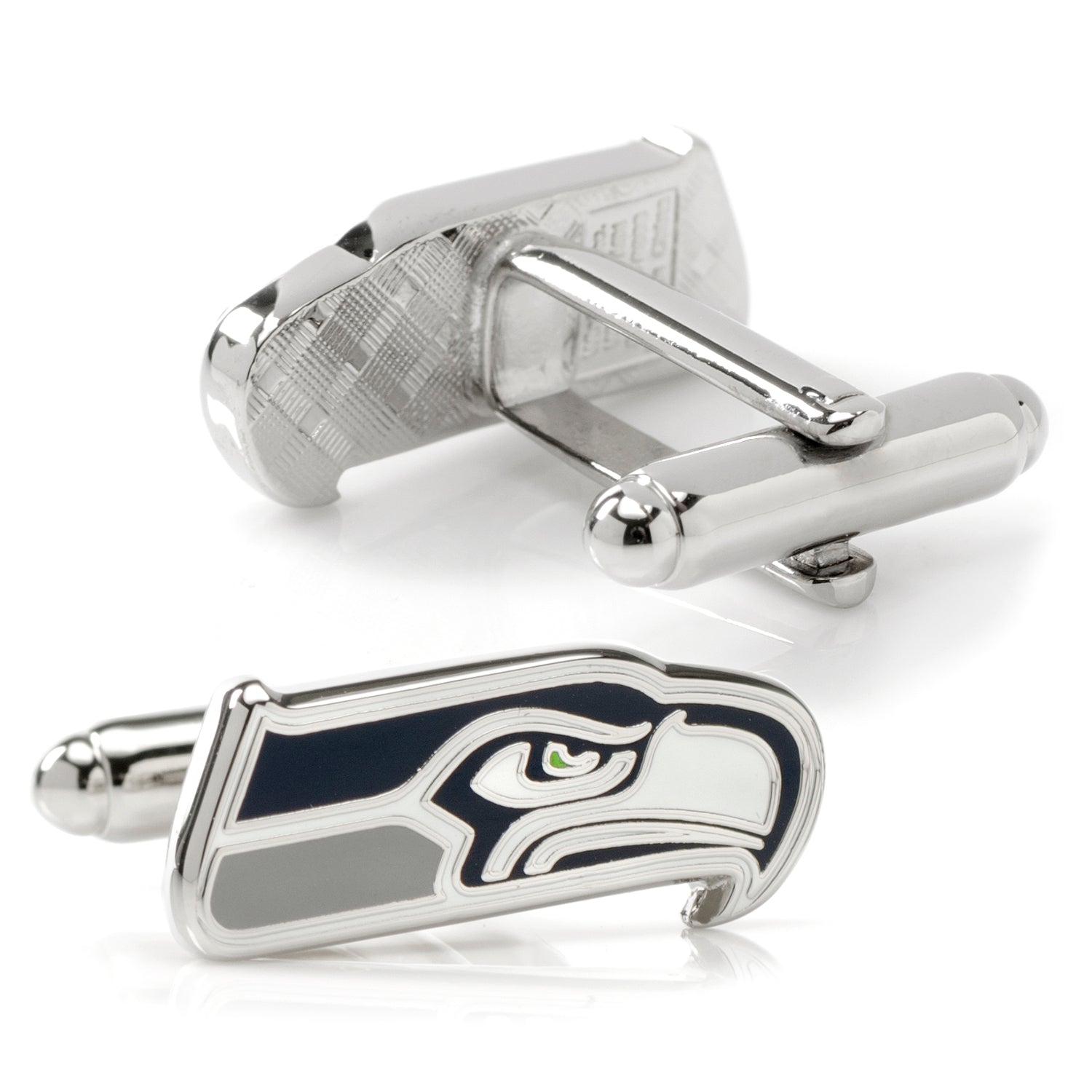 Silver cufflinks with a logo on a white background
