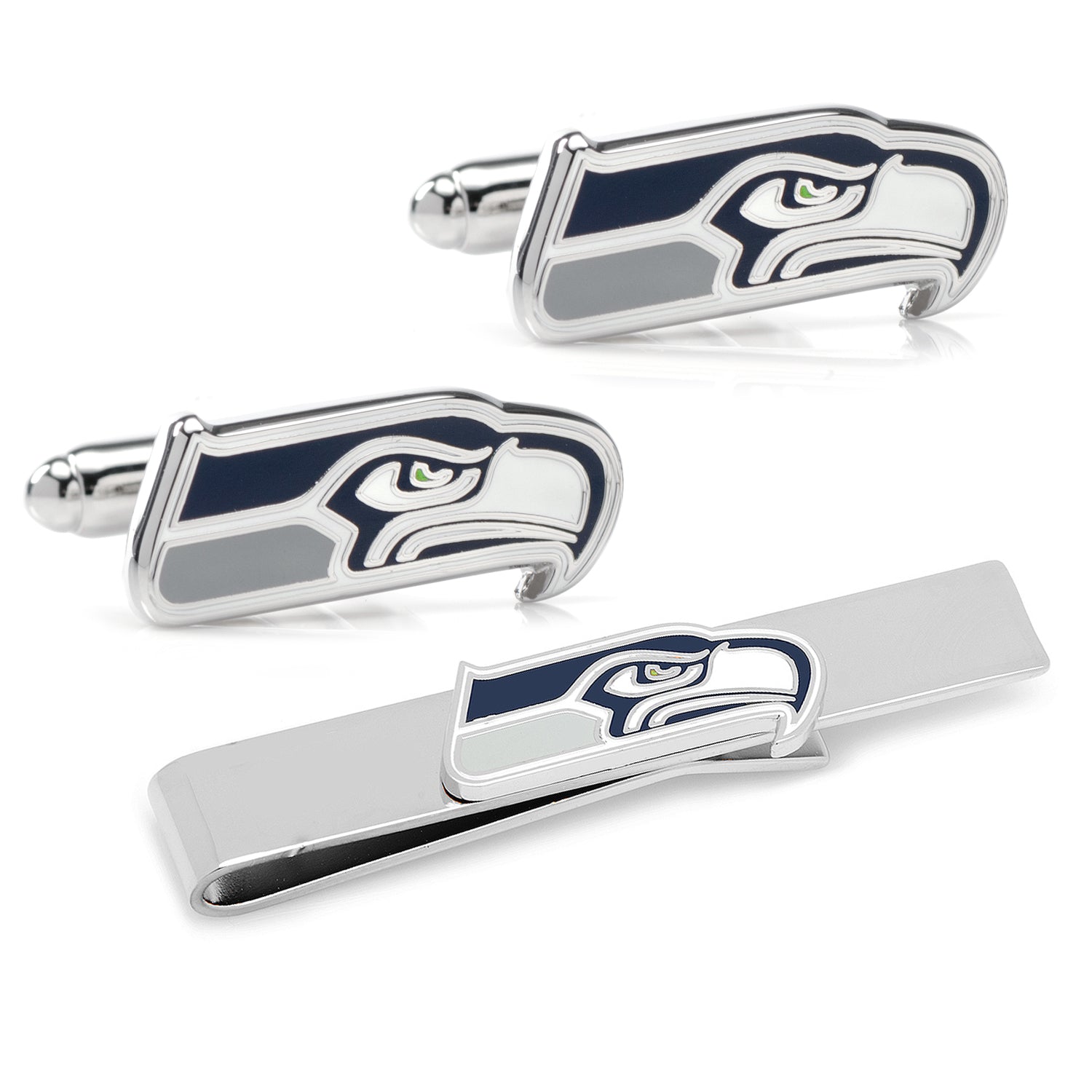 Set of Seattle Seahawks cufflinks and tie bar on a white background