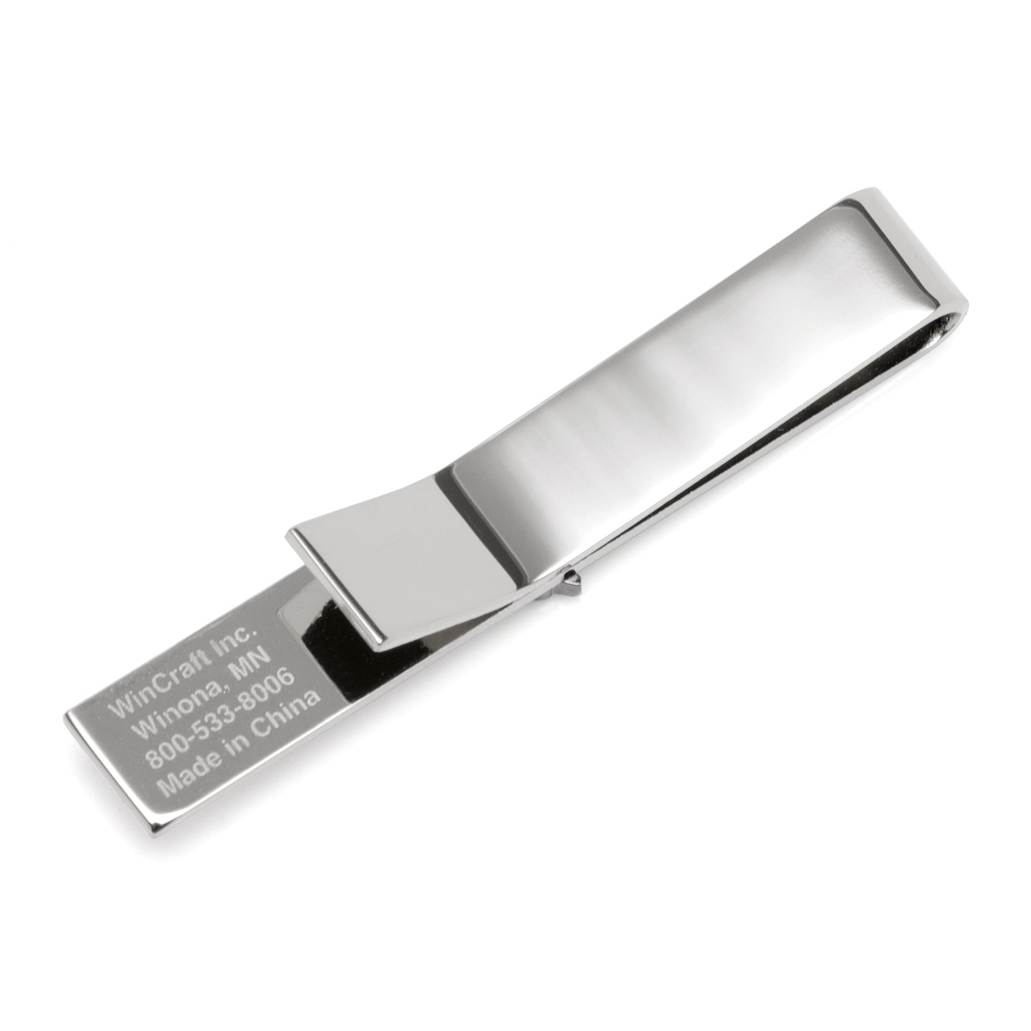 Silver tie clip with engraved text on a white background