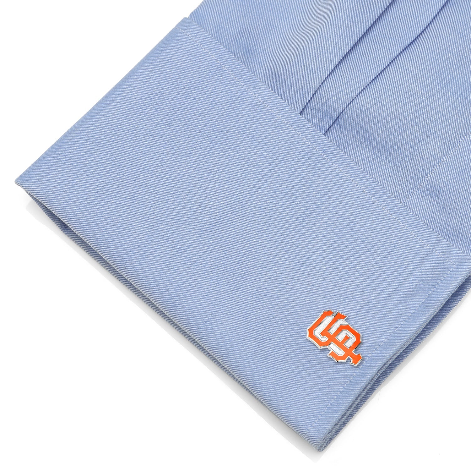 Light blue fabric with an orange logo on a white background