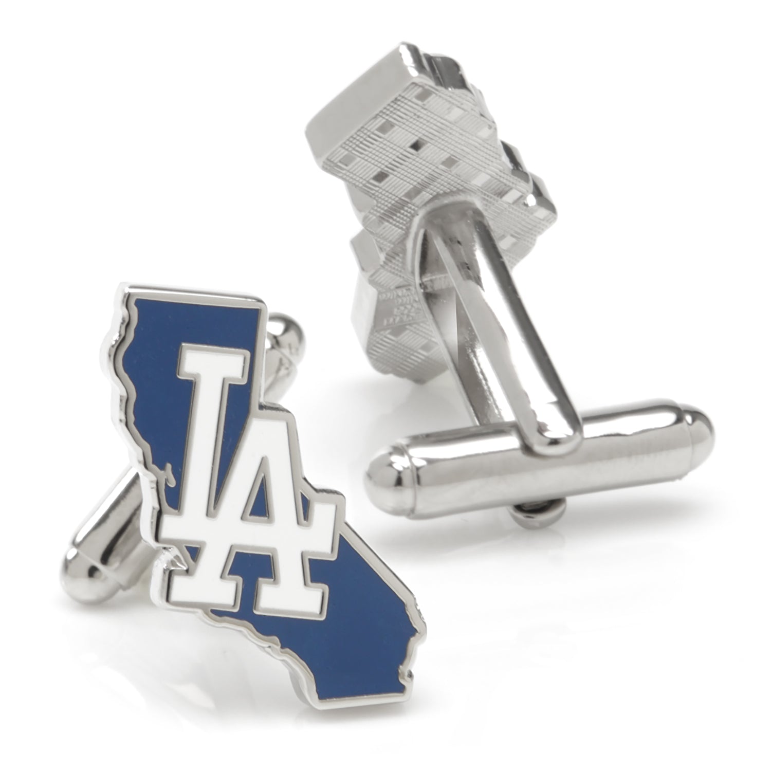 Cufflinks with a blue and silver design on a white background