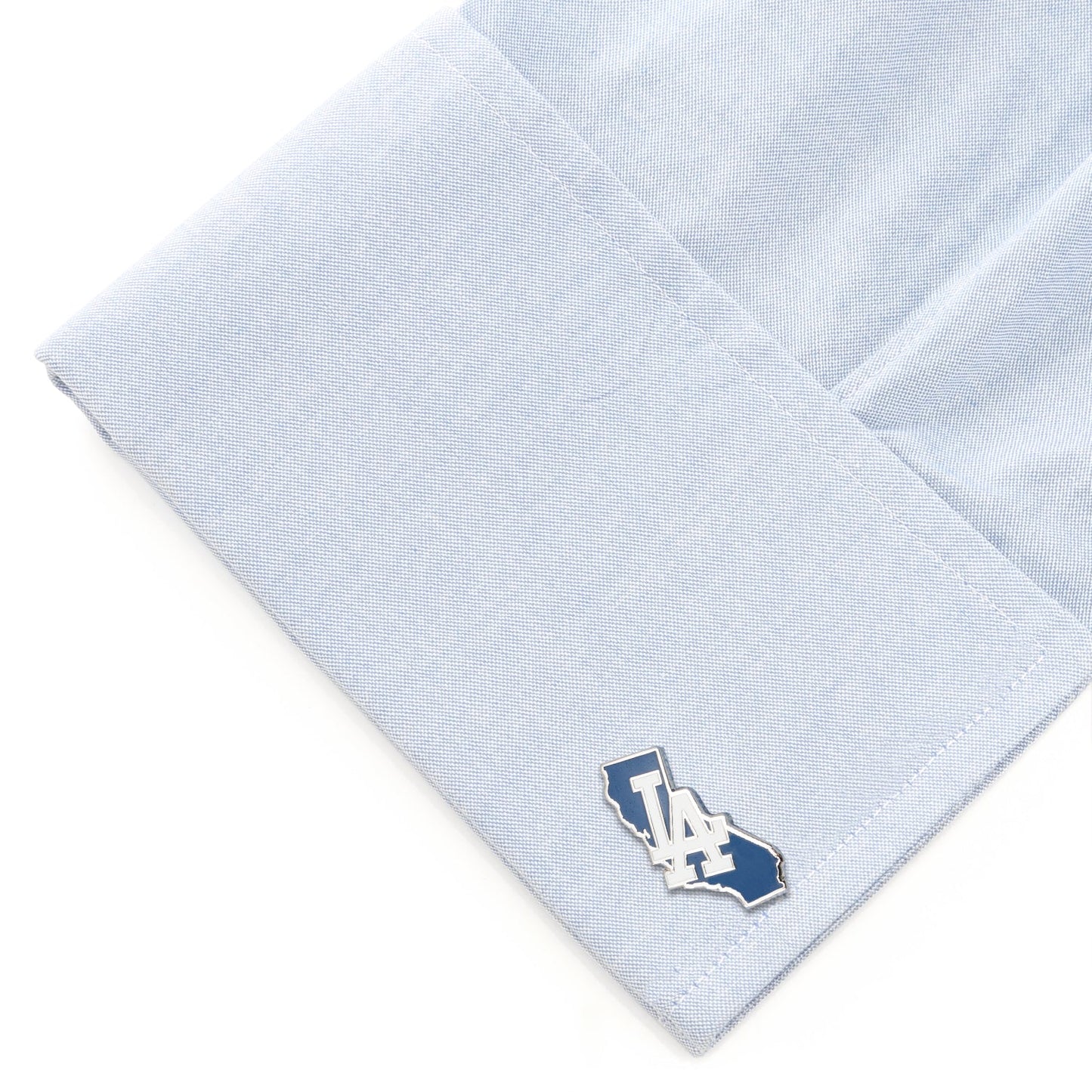Light blue pocket square with a small logo on a white background