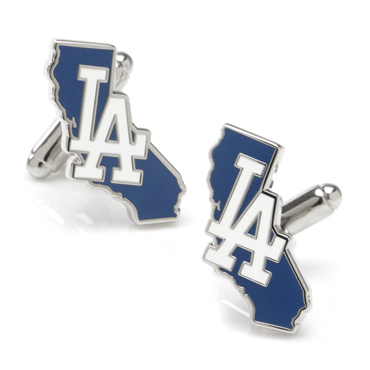 MLB LA Dodgers State Shaped Cufflink Cufflinks shaped like the state of California with 'LA' initials on a white background