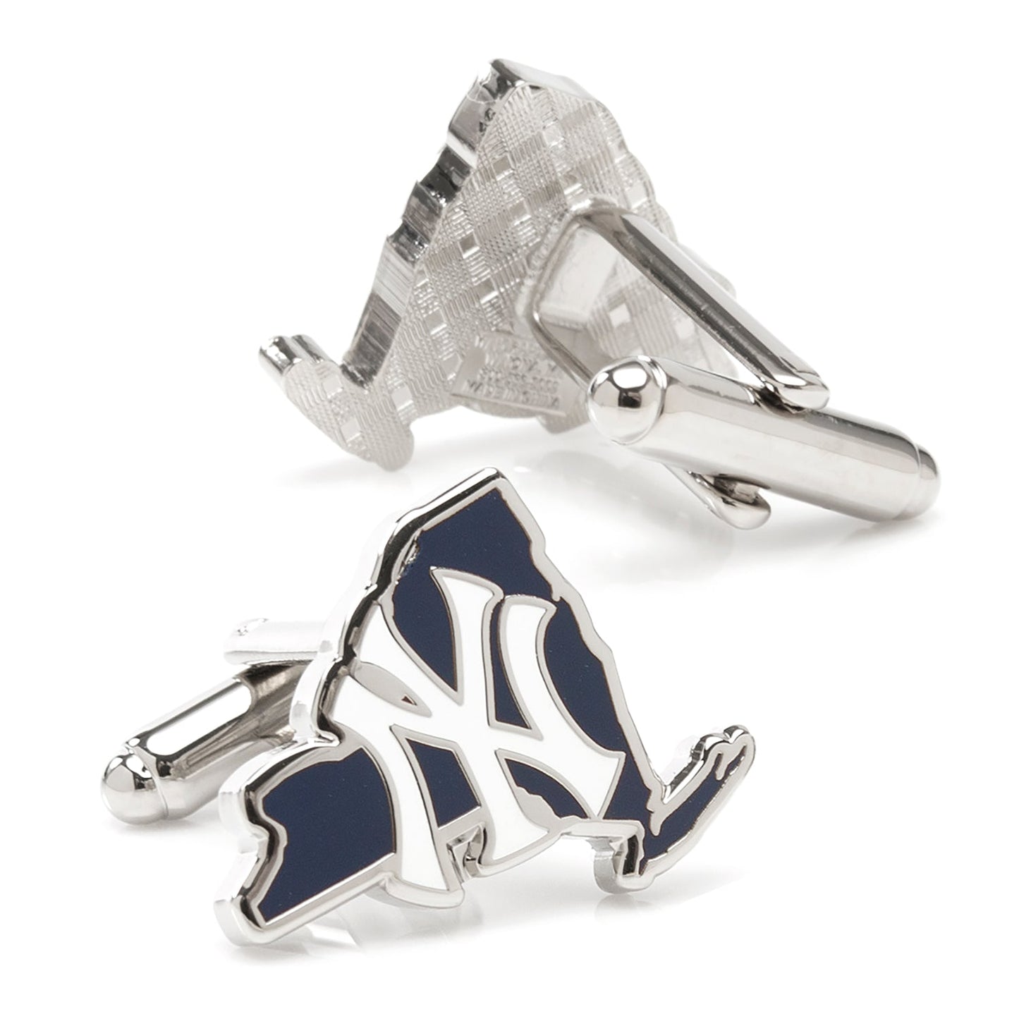 Cufflinks with a blue and white design on a white background