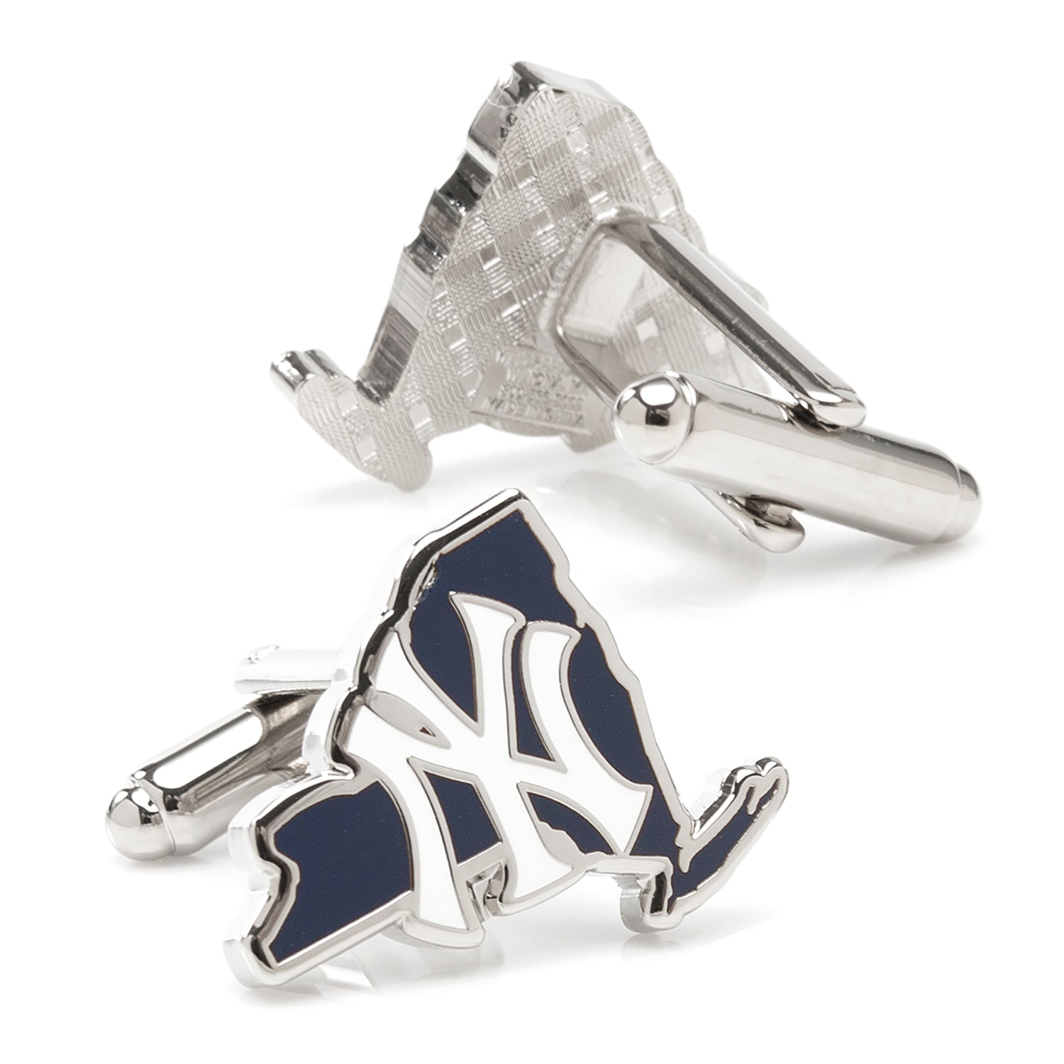 Cufflinks with a blue and white design on a white background