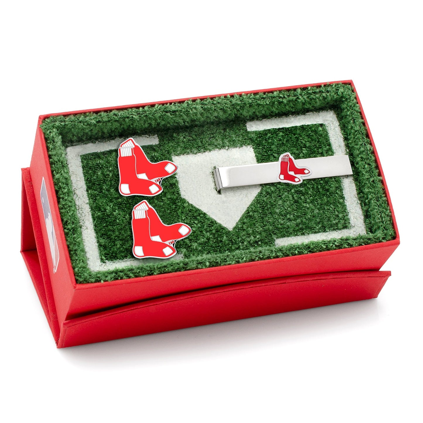Cufflinks and tie clip set with Red Sox logo in a grassy display box