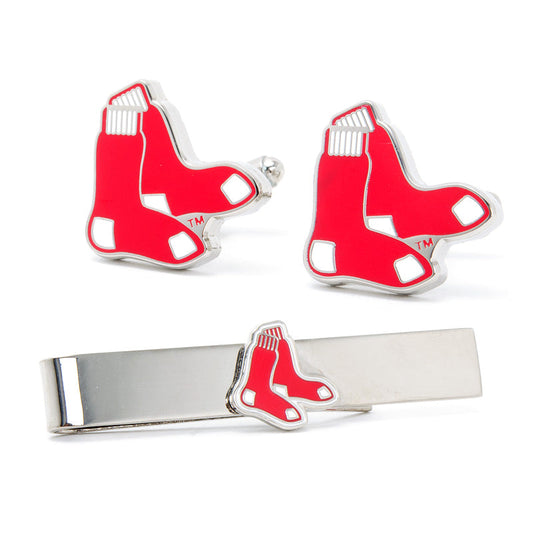 Red and white sock-shaped cufflinks and tie clip set on a white background
