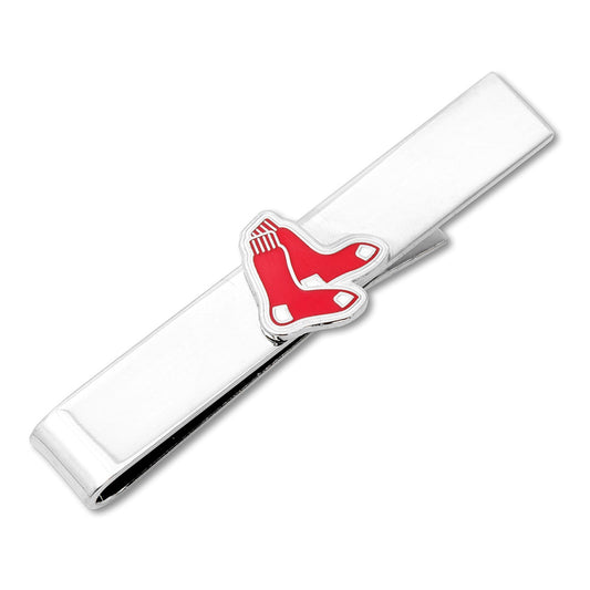 Silver tie clip with red logo on a white background