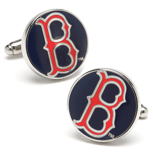 Pair of cufflinks with a red and blue logo on a white background